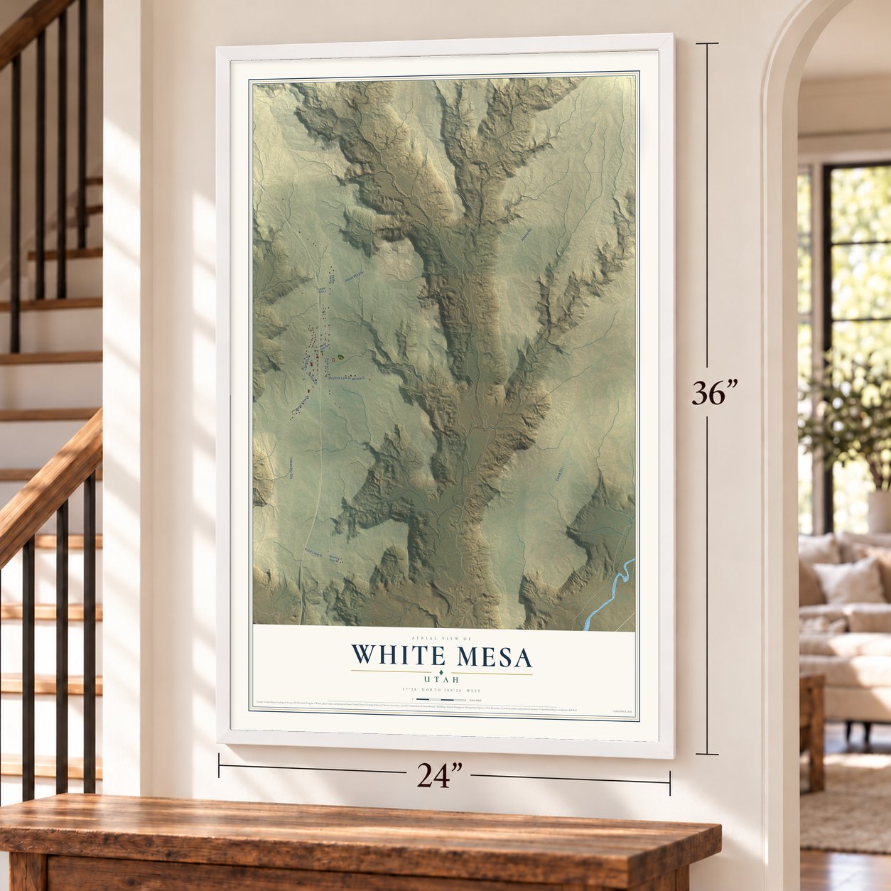 White Mesa, Utah map, 24 x 36 inch print in a white frame by a staircase