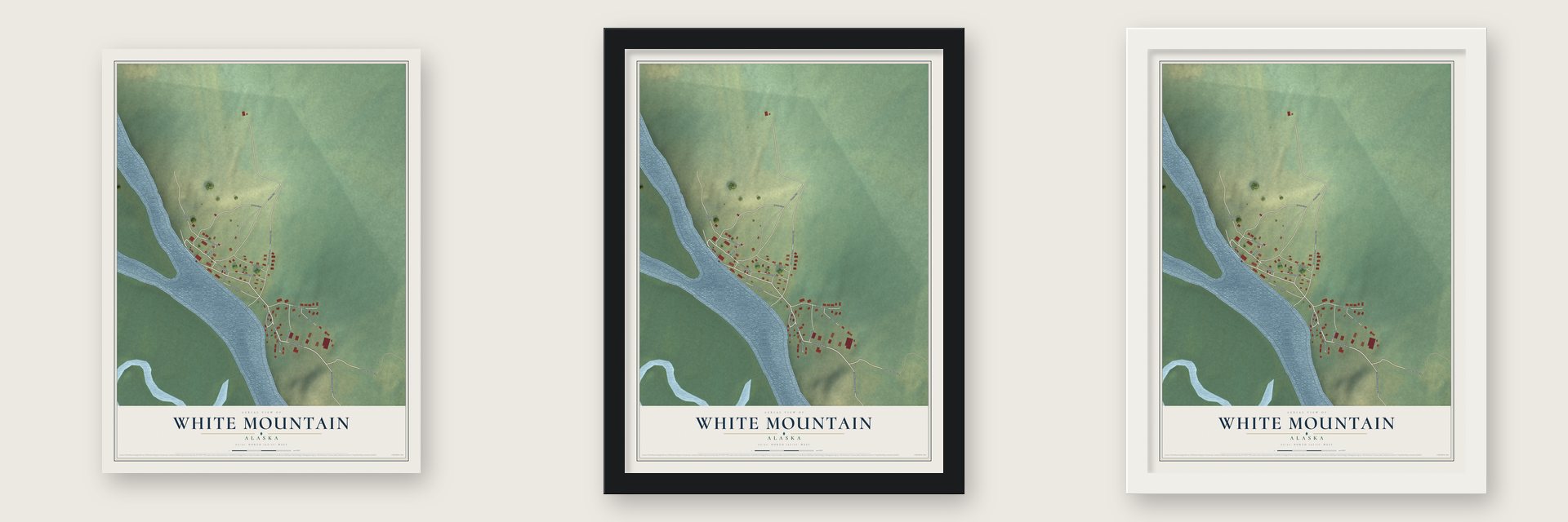 White Mountain, Alaska map unframed, in a black wood frame and in a white wood frame