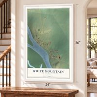 White Mountain, Alaska map, 24 x 36 inch print in a white frame by a staircase