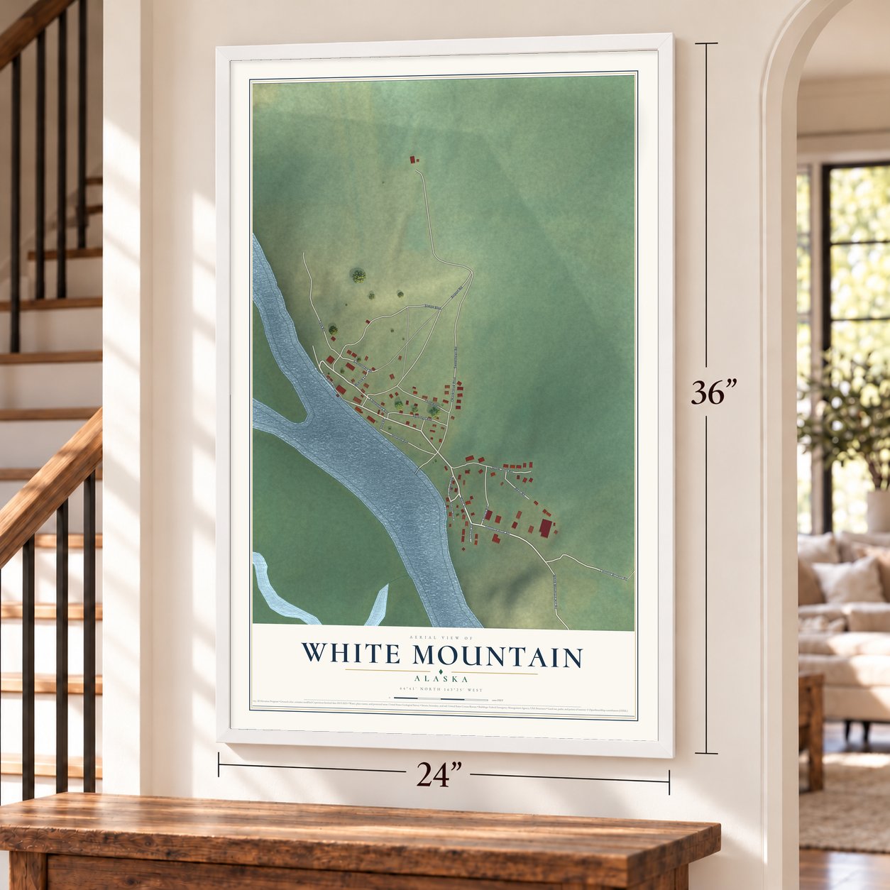 White Mountain, Alaska map, 24 x 36 inch print in a white frame by a staircase