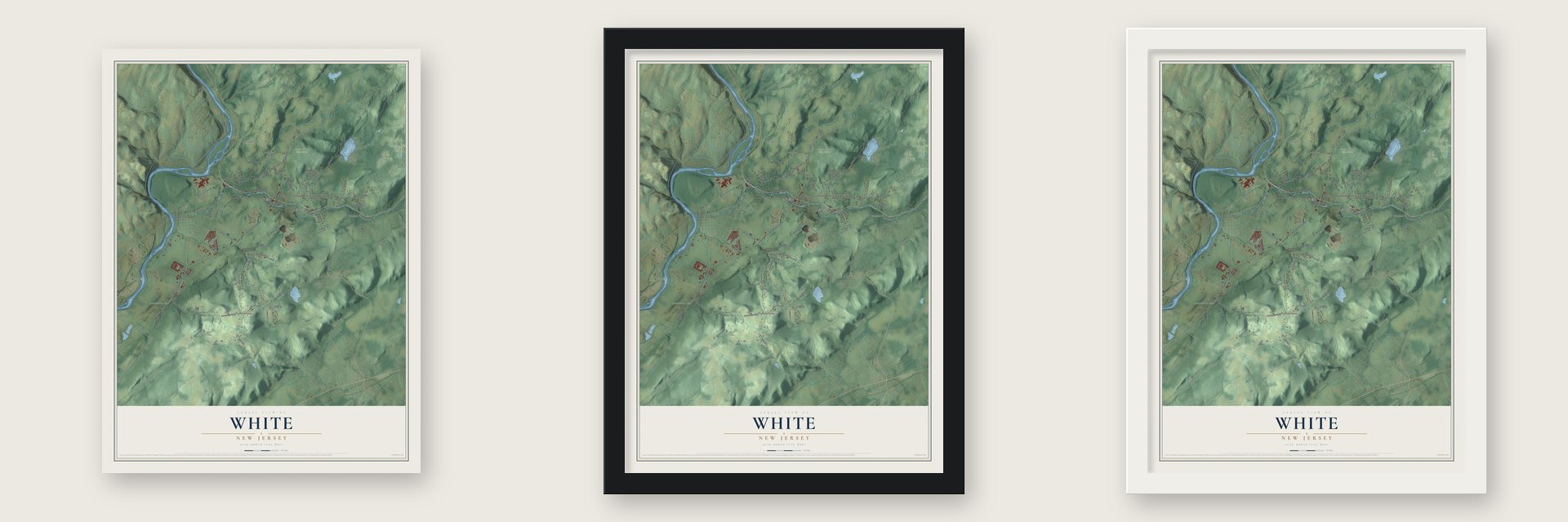 White, New Jersey map unframed, in a black wood frame and in a white wood frame