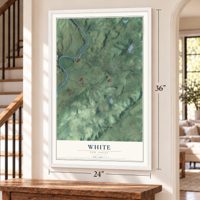 White, New Jersey map, 24 x 36 inch print in a white frame by a staircase
