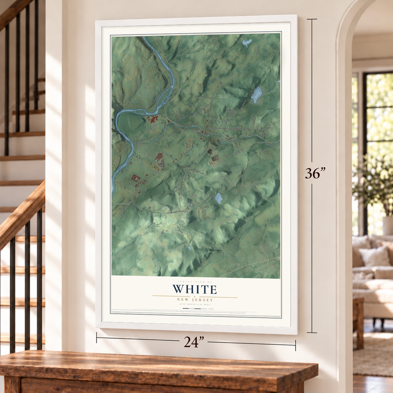 White, New Jersey map, 24 x 36 inch print in a white frame by a staircase