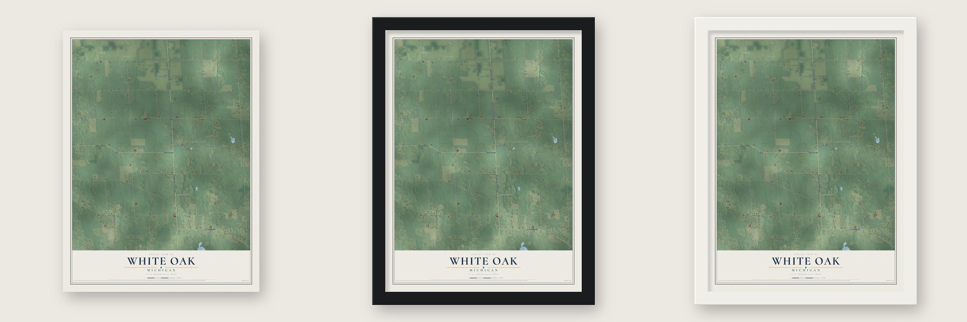 White Oak, Michigan map unframed, in a black wood frame and in a white wood frame