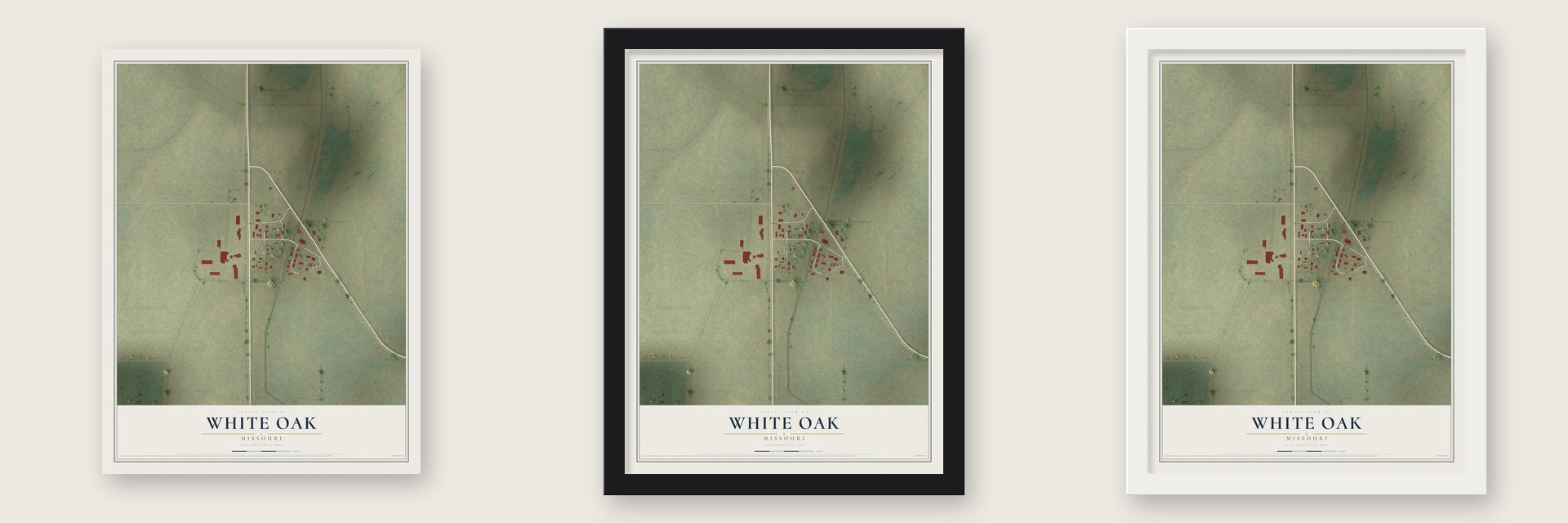 White Oak, Missouri map unframed, in a black wood frame and in a white wood frame