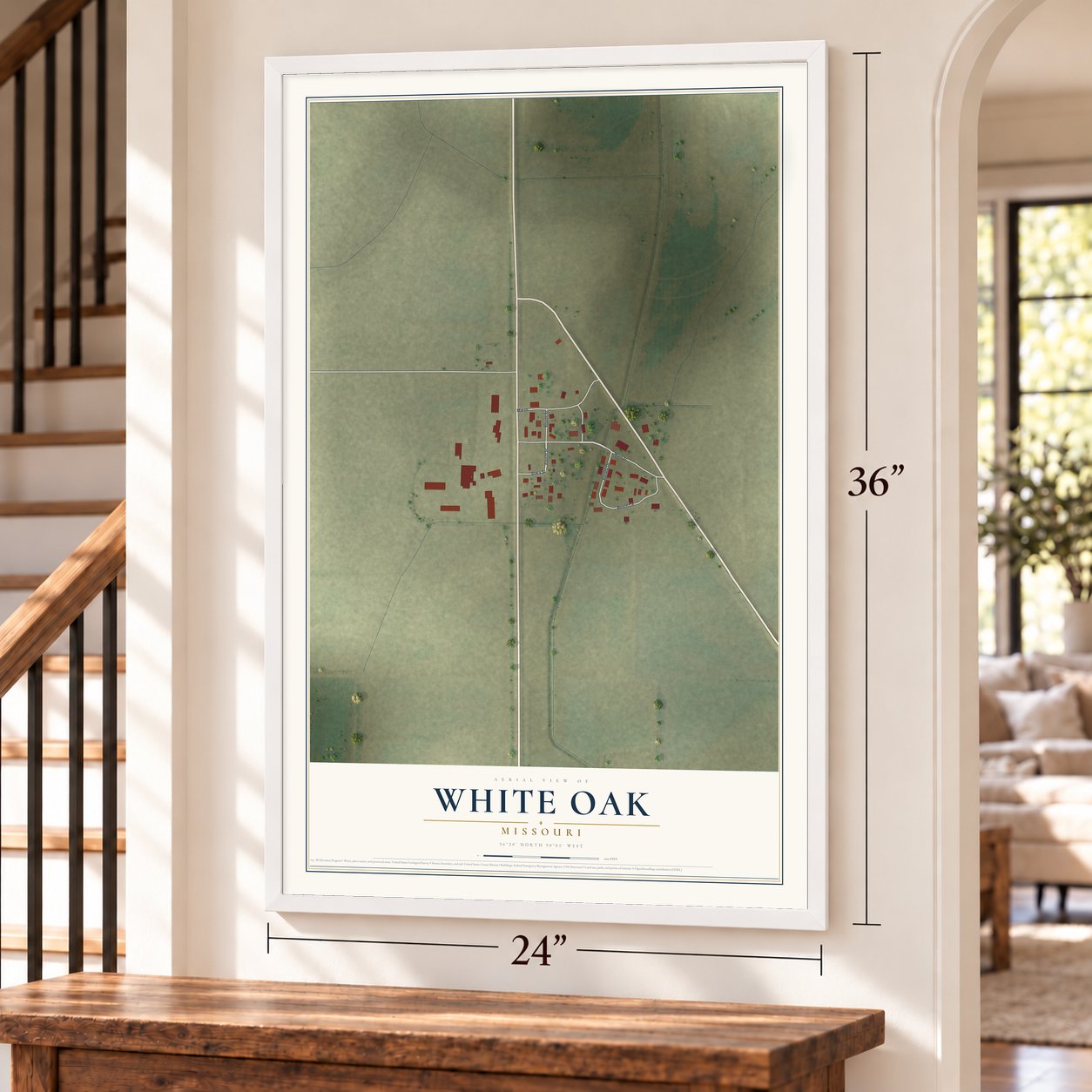 White Oak, Missouri map, 24 x 36 inch print in a white frame by a staircase