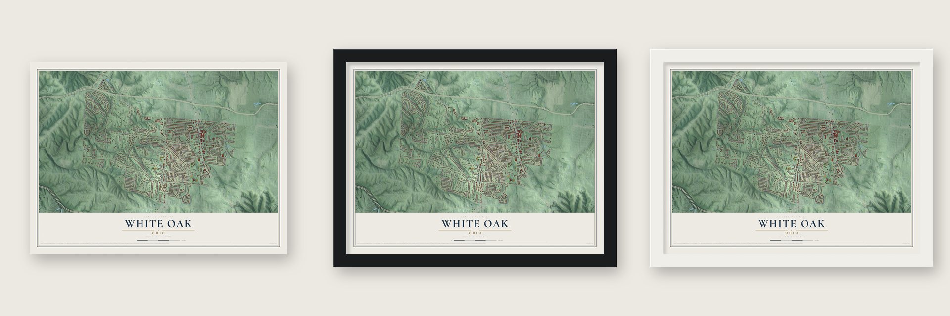 White Oak, Ohio map unframed, in a black wood frame and in a white wood frame