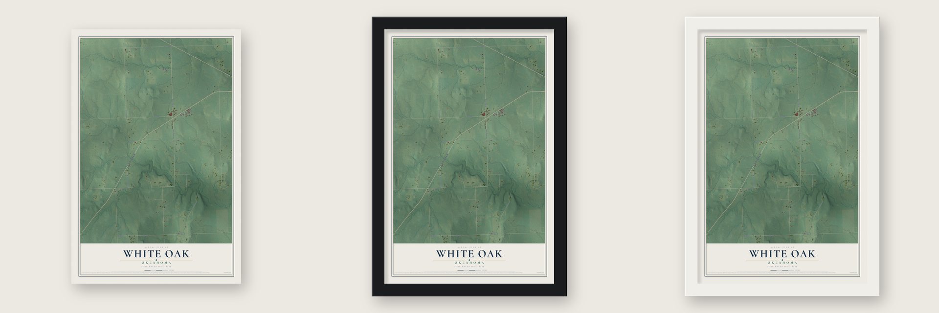 White Oak, Oklahoma map unframed, in a black wood frame and in a white wood frame
