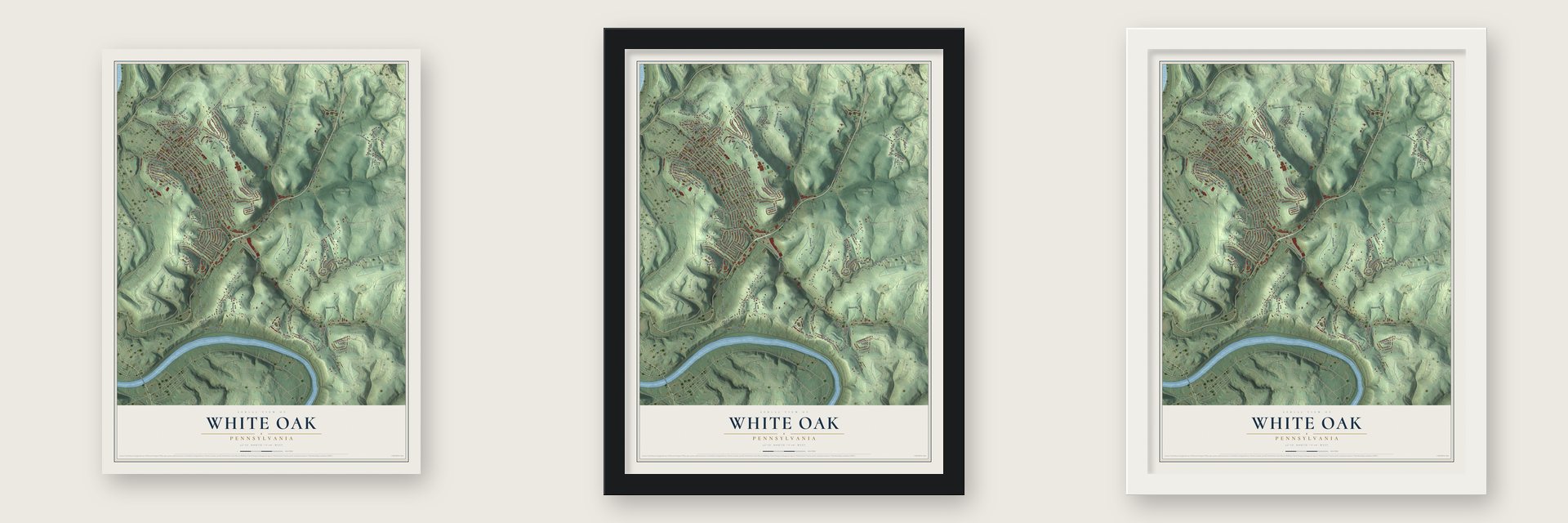 White Oak, Pennsylvania map unframed, in a black wood frame and in a white wood frame