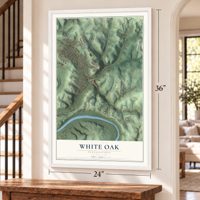 White Oak, Pennsylvania map, 24 x 36 inch print in a white frame by a staircase