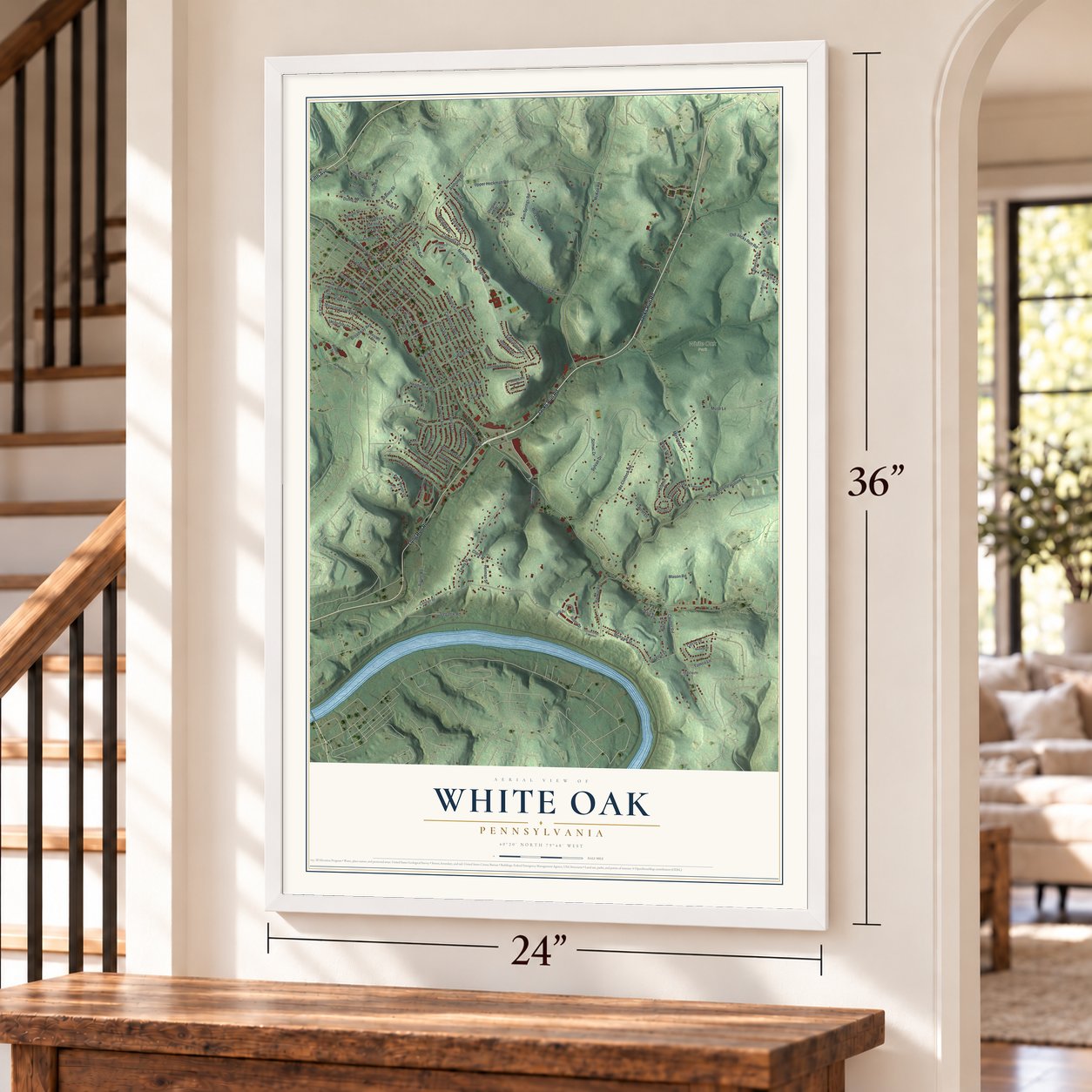 White Oak, Pennsylvania map, 24 x 36 inch print in a white frame by a staircase