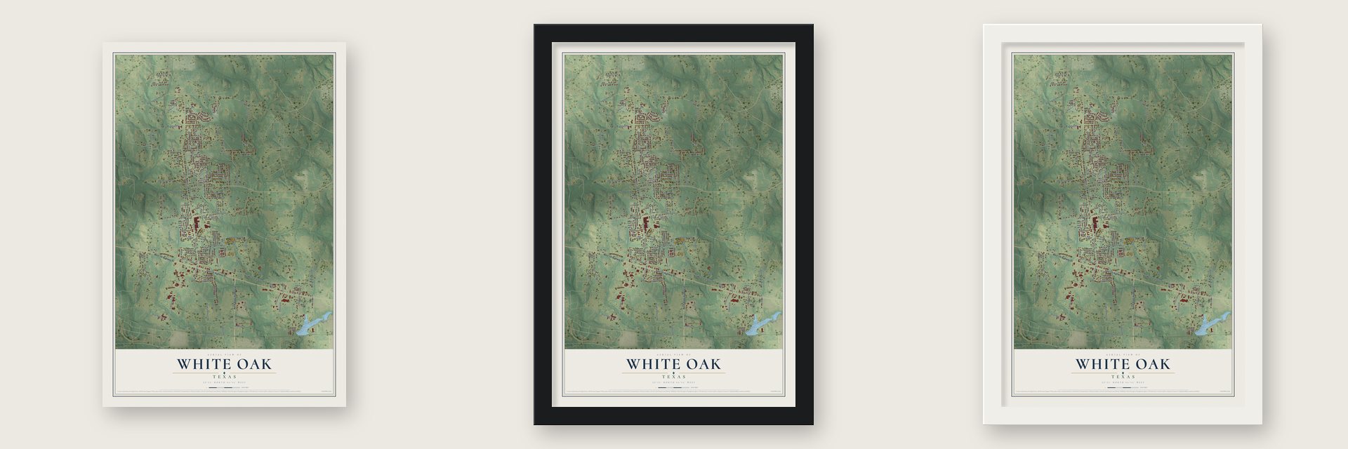 White Oak, Texas map unframed, in a black wood frame and in a white wood frame