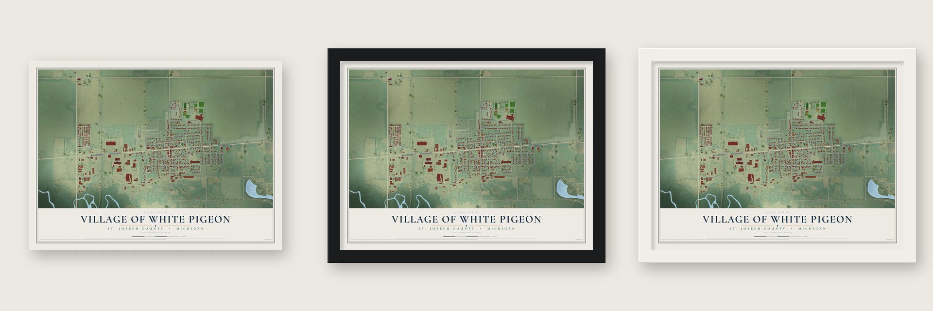 White Pigeon, Michigan map unframed, in a black wood frame and in a white wood frame