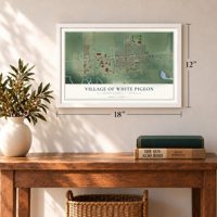 White Pigeon, Michigan map, 12 x 18 inch print in a white frame in an entryway