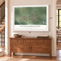 White Pigeon, Michigan map, 24 x 36 inch print in a white frame above a dresser by a staircase