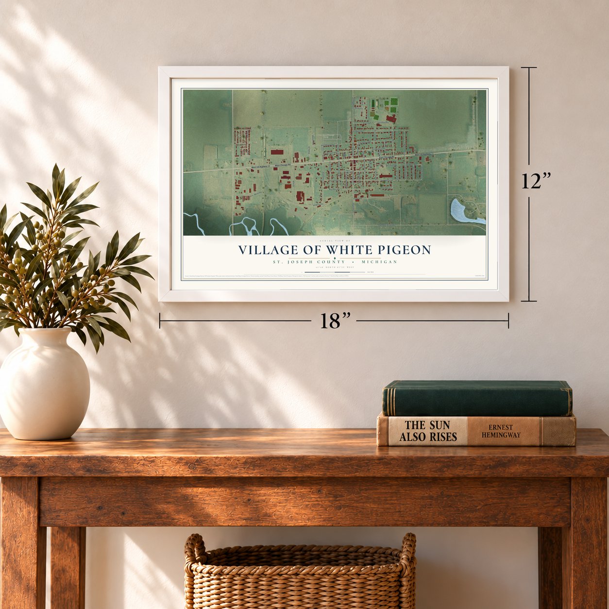 White Pigeon, Michigan map, 12 x 18 inch print in a white frame in an entryway