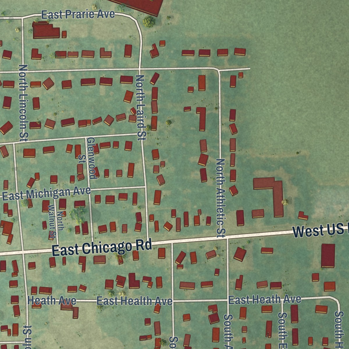 Second close-up of the map of White Pigeon, Michigan print showing more streets and buildings