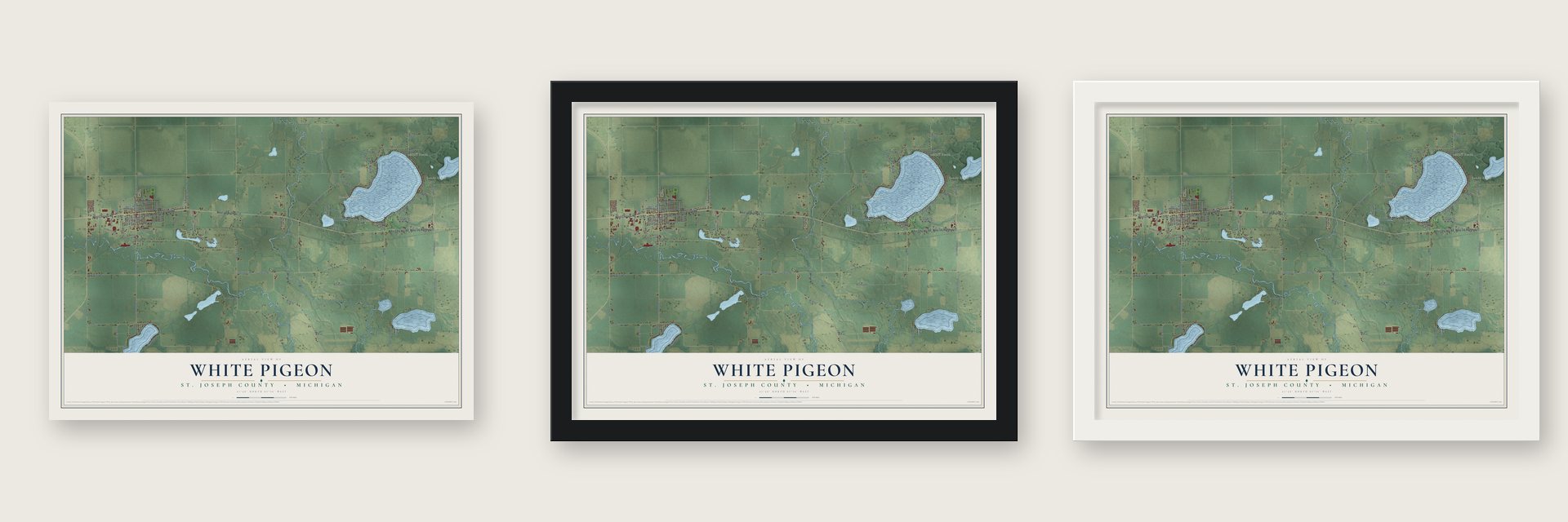 White Pigeon, St. Joseph County, Michigan map unframed, in a black wood frame and in a white wood frame