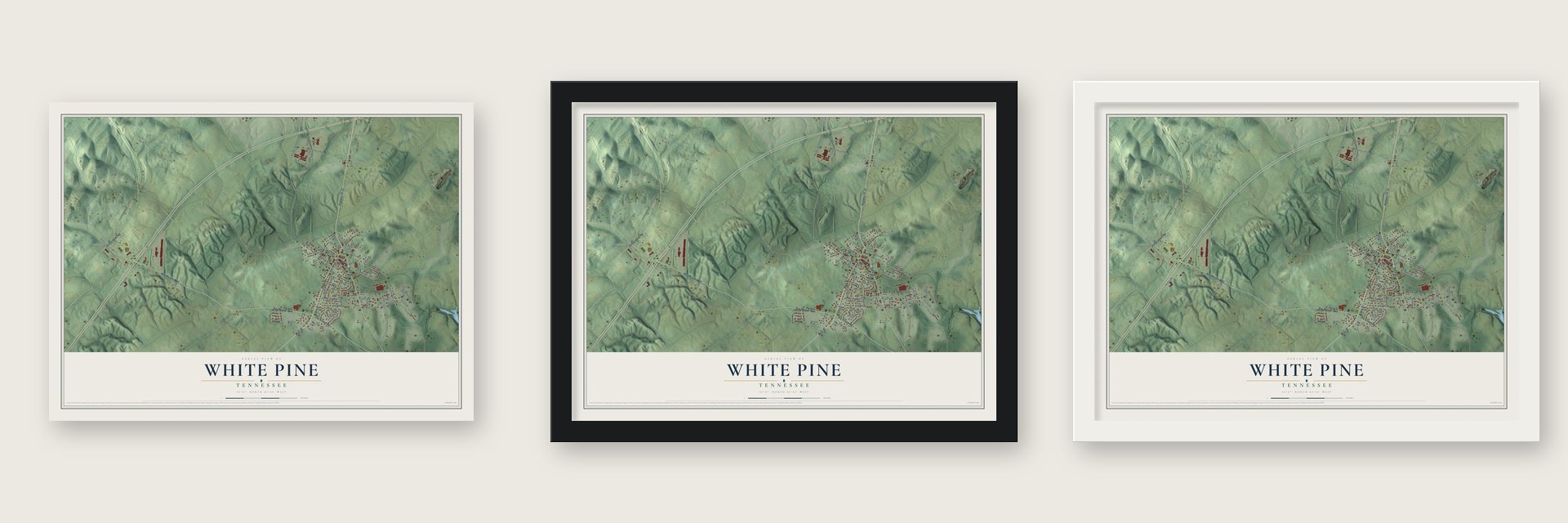 White Pine, Tennessee map unframed, in a black wood frame and in a white wood frame