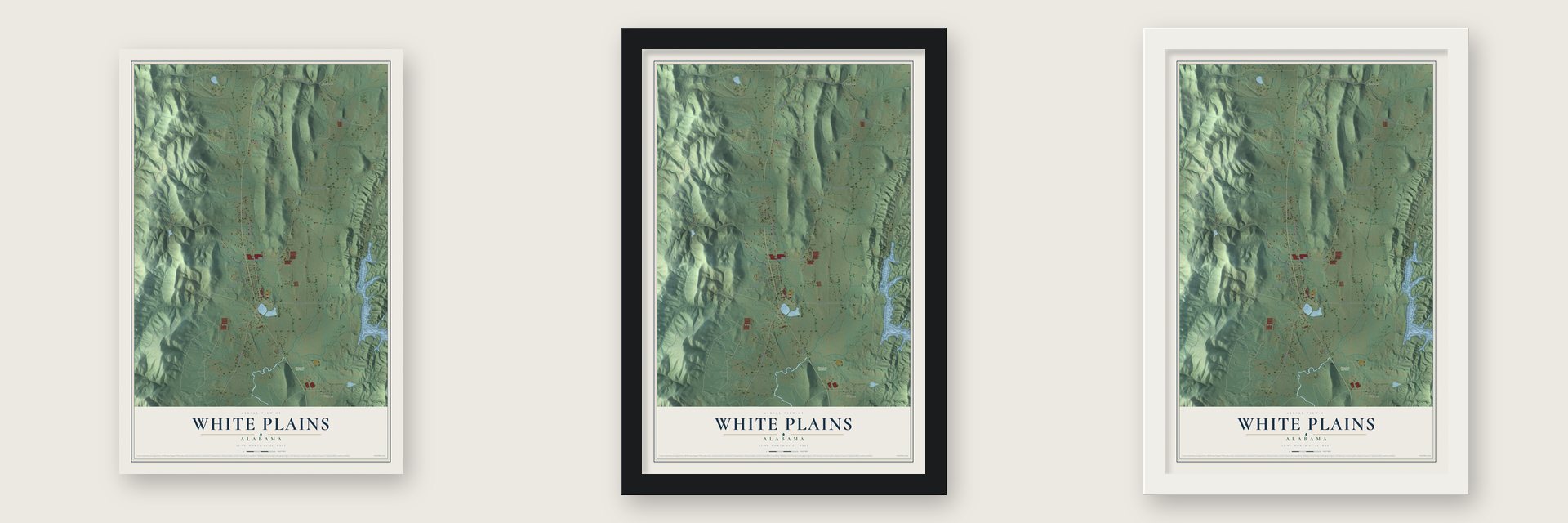 White Plains, Alabama map unframed, in a black wood frame and in a white wood frame