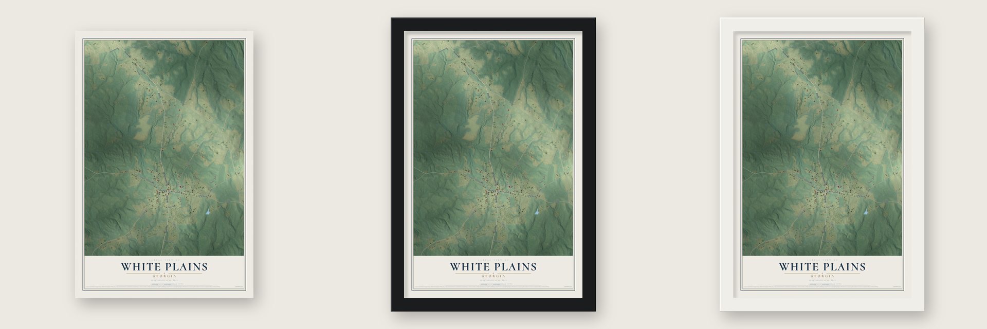 White Plains, Georgia map unframed, in a black wood frame and in a white wood frame