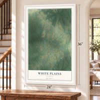 White Plains, Georgia map, 24 x 36 inch print in a white frame by a staircase