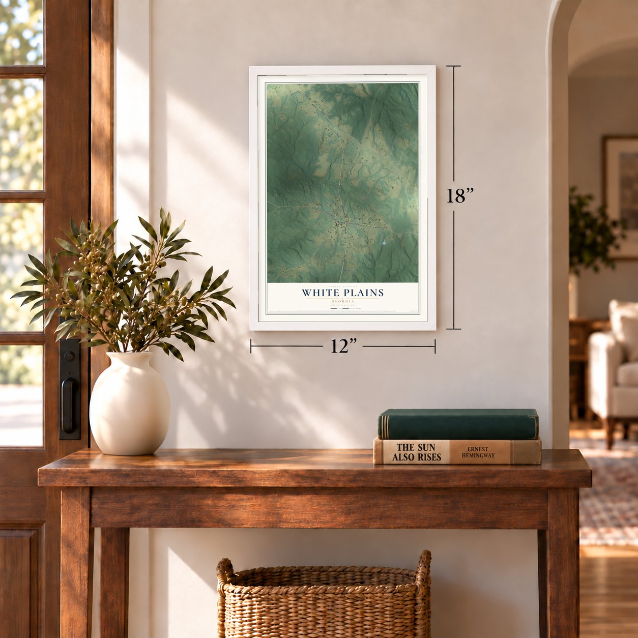 White Plains, Georgia map, 12 x 18 inch print in a white frame in an entryway
