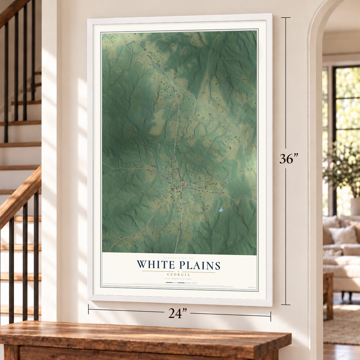 White Plains, Georgia map, 24 x 36 inch print in a white frame by a staircase