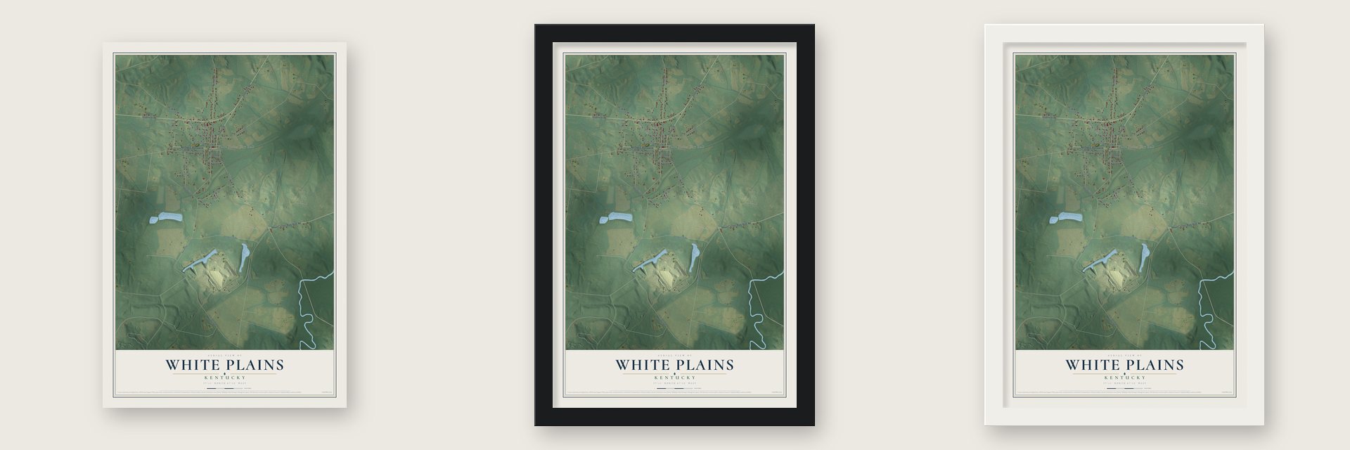 White Plains, Kentucky map unframed, in a black wood frame and in a white wood frame