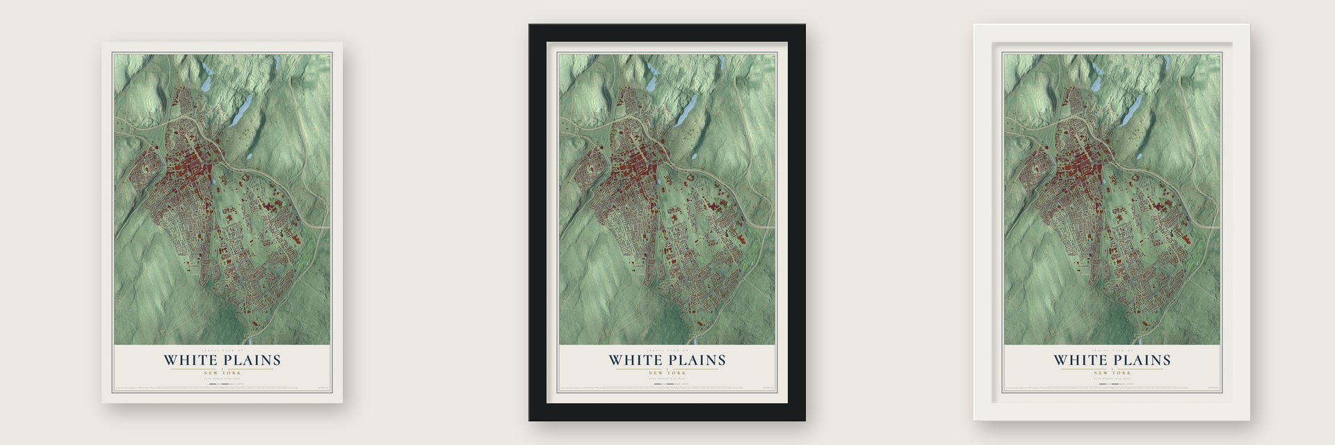 White Plains, New York map unframed, in a black wood frame and in a white wood frame