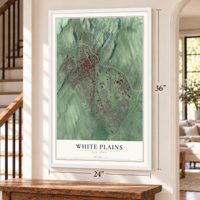 White Plains, New York map, 24 x 36 inch print in a white frame by a staircase