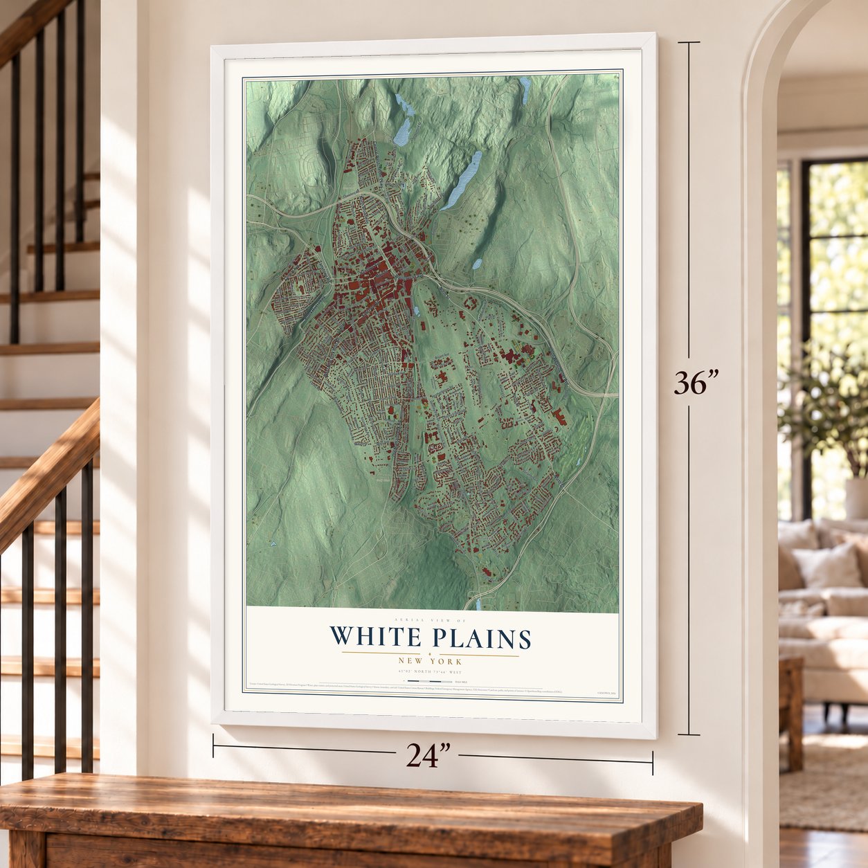 White Plains, New York map, 24 x 36 inch print in a white frame by a staircase