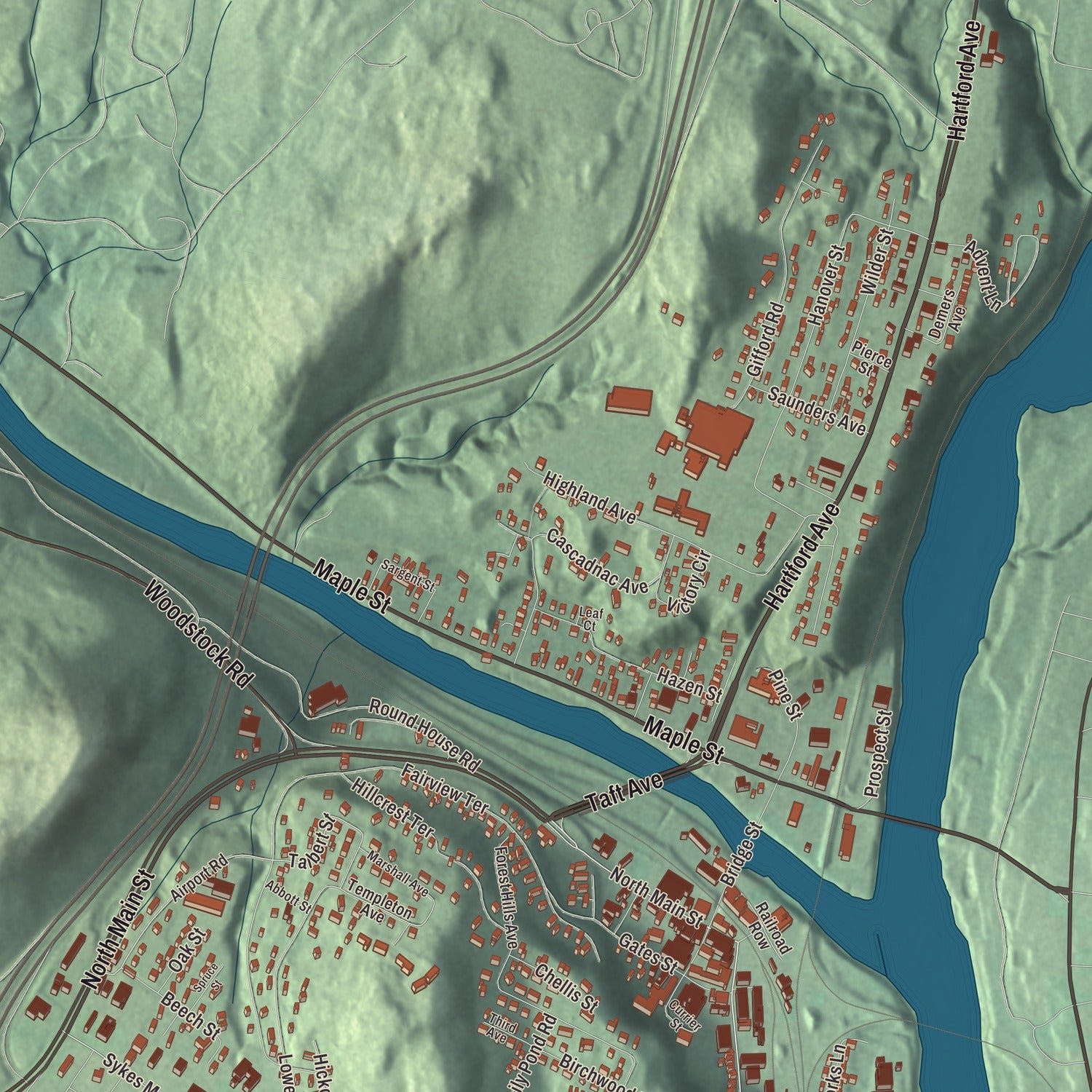 Close-up of the map of White River Junction, Vermont print showing terrain and local geography