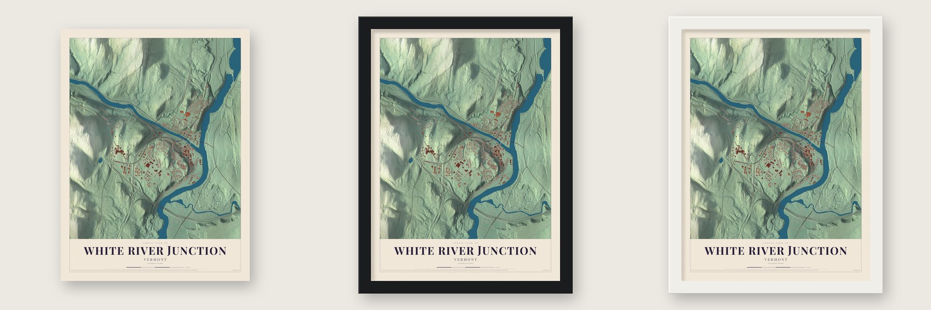 White River Junction, Vermont map unframed, in a black wood frame and in a white wood frame