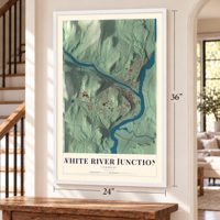 White River Junction, Vermont map, 24 x 36 inch print in a white frame by a staircase