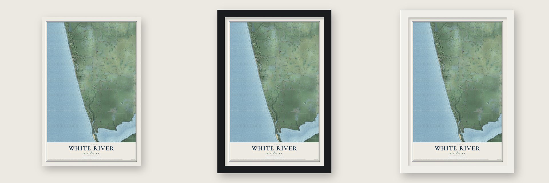 White River, Michigan map unframed, in a black wood frame and in a white wood frame