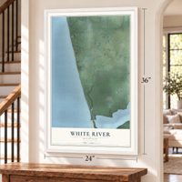 White River, Michigan map, 24 x 36 inch print in a white frame by a staircase