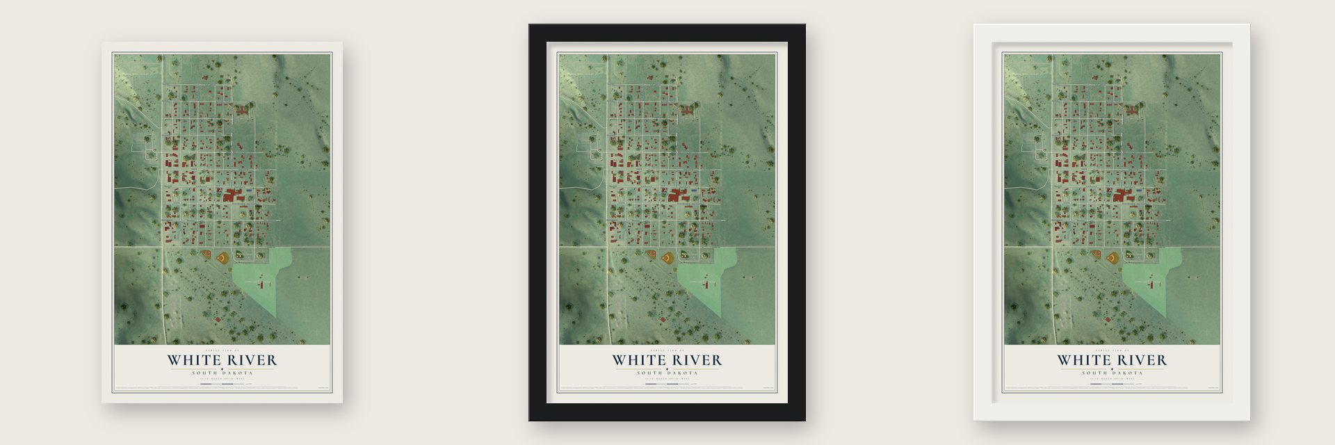 White River, South Dakota map unframed, in a black wood frame and in a white wood frame