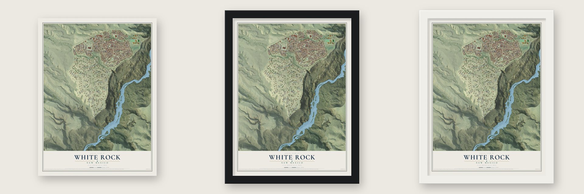 White Rock, New Mexico map unframed, in a black wood frame and in a white wood frame