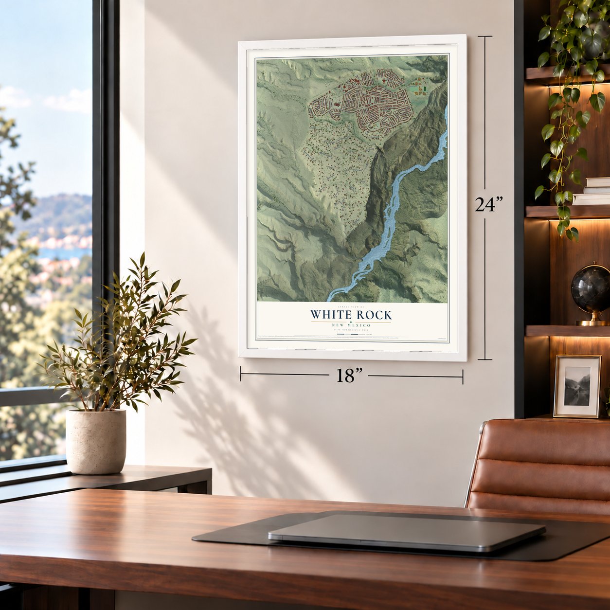 White Rock, New Mexico map, 18 x 24 inch print in a white frame in a home office