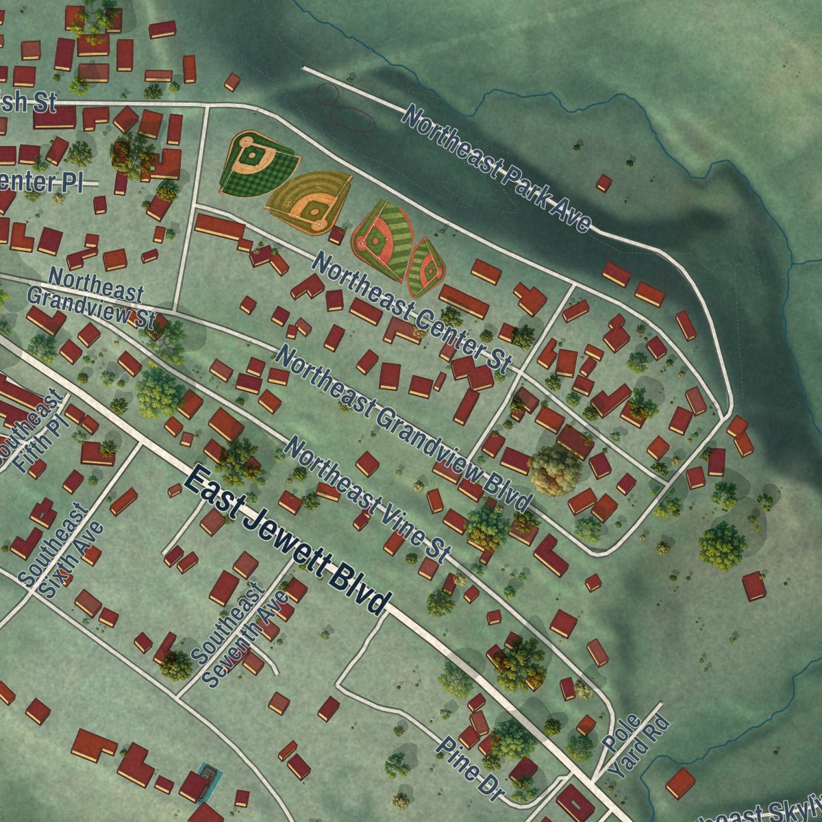 Second close-up of the map of White Salmon, Washington print showing more streets and buildings