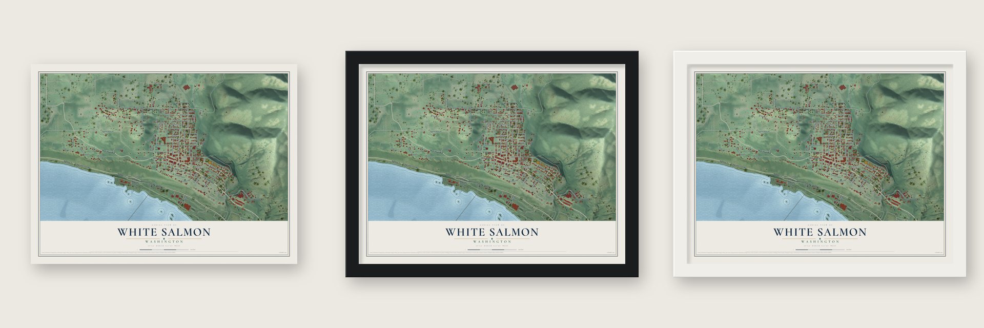 White Salmon, Washington map unframed, in a black wood frame and in a white wood frame