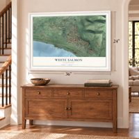 White Salmon, Washington map, 24 x 36 inch print in a white frame above a dresser by a staircase