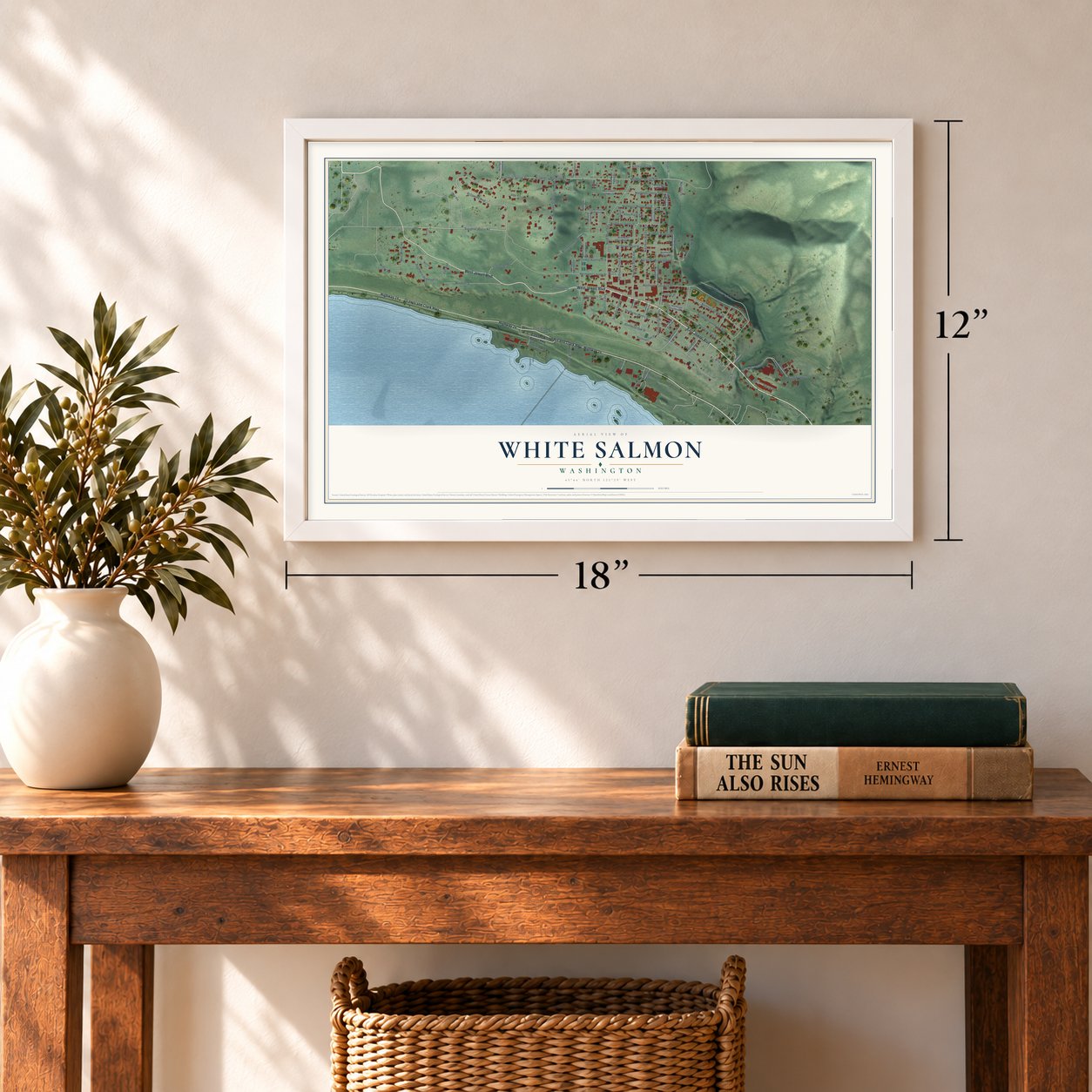 White Salmon, Washington map, 12 x 18 inch print in a white frame in an entryway
