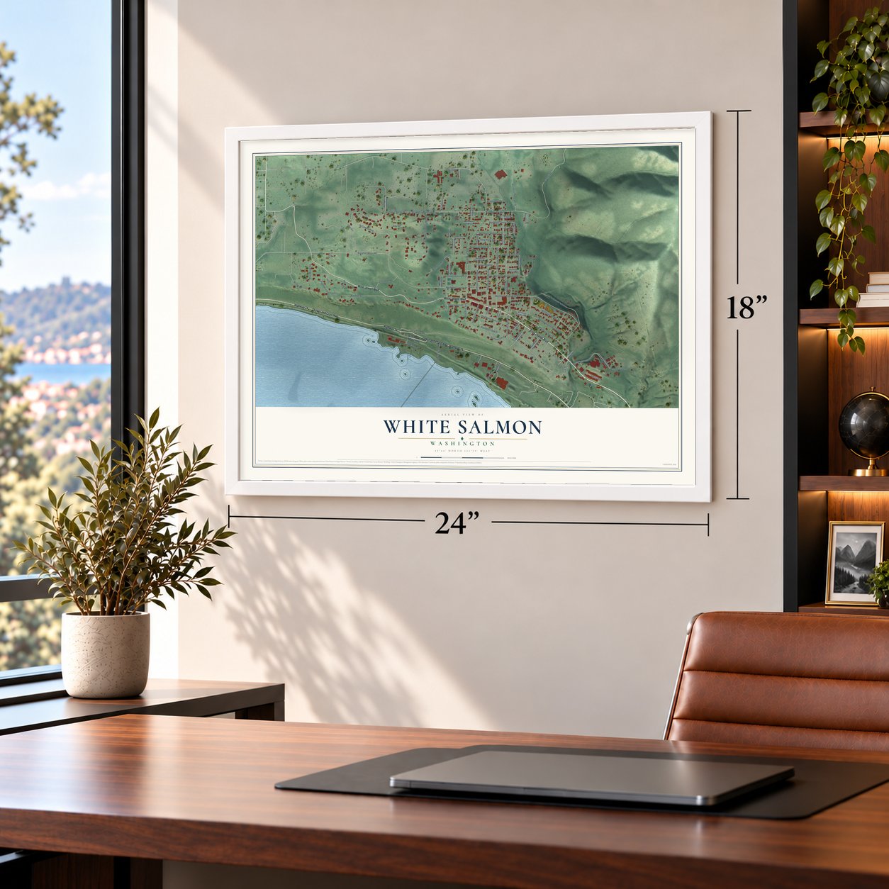 White Salmon, Washington map, 18 x 24 inch print in a white frame in a home office