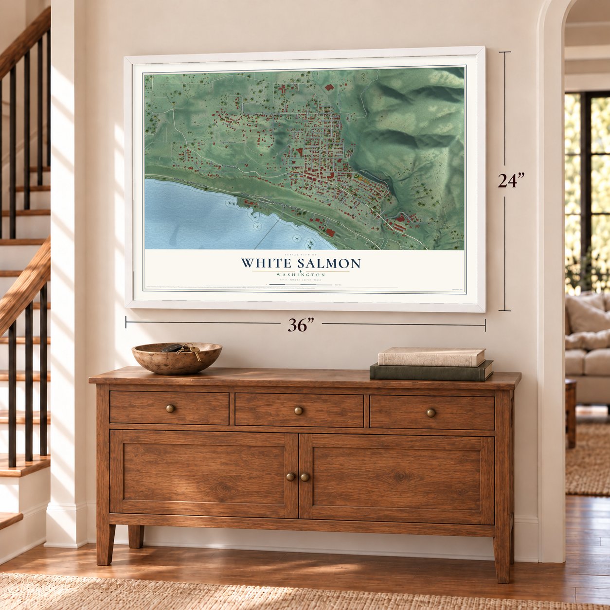 White Salmon, Washington map, 24 x 36 inch print in a white frame above a dresser by a staircase