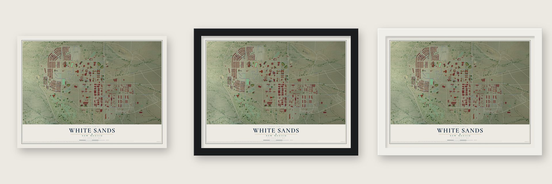 White Sands, New Mexico map unframed, in a black wood frame and in a white wood frame