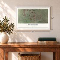 White Sands, New Mexico map, 12 x 18 inch print in a white frame in an entryway