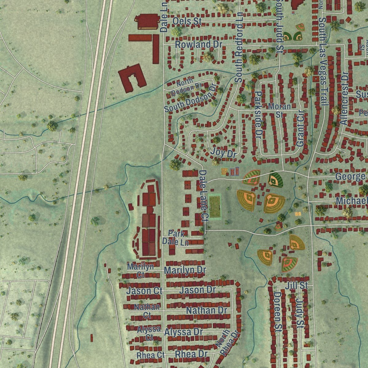Second close-up of the map of White Settlement, Texas print showing more streets and buildings