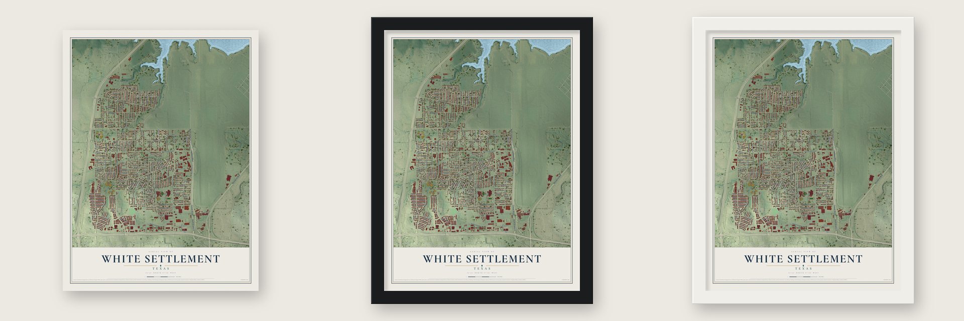 White Settlement, Texas map unframed, in a black wood frame and in a white wood frame